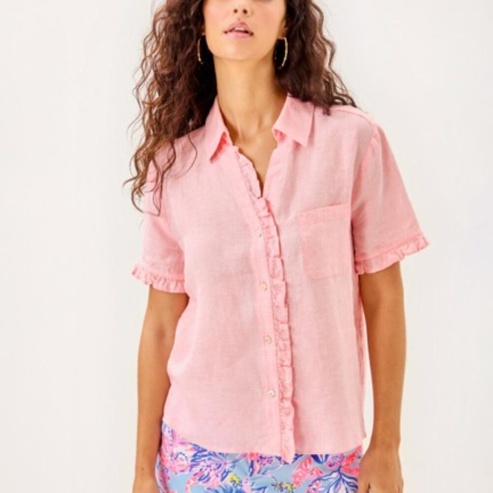 Lilly Pulitzer Light Pink Sorbet Button Down Carden ruffle Shirt, S, NWOT - Picture 2 of 9
